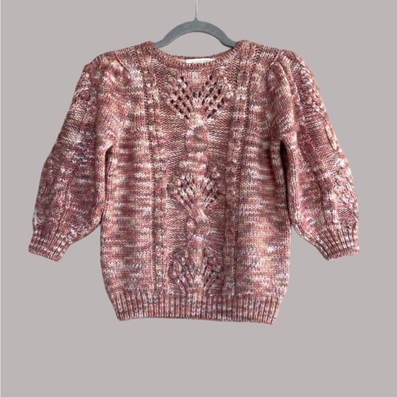 SEZANE Red Mohair Wool Cable Knit Short 3/4 Puff Sleeve Sweater Giulia Jumper XS - Picture 5 of 12